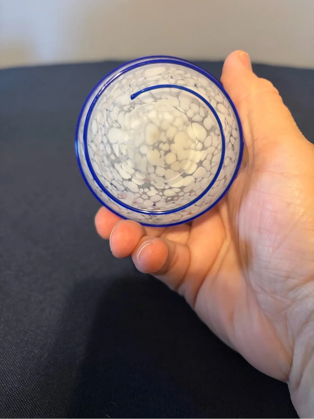 Rare Cobalt Blue Swirls Bud Vase With White Crackled Glass 3 “ Tall.